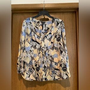 Lucky Brand Blue Cream Black Floral V-Neck Blouse 100% cotton